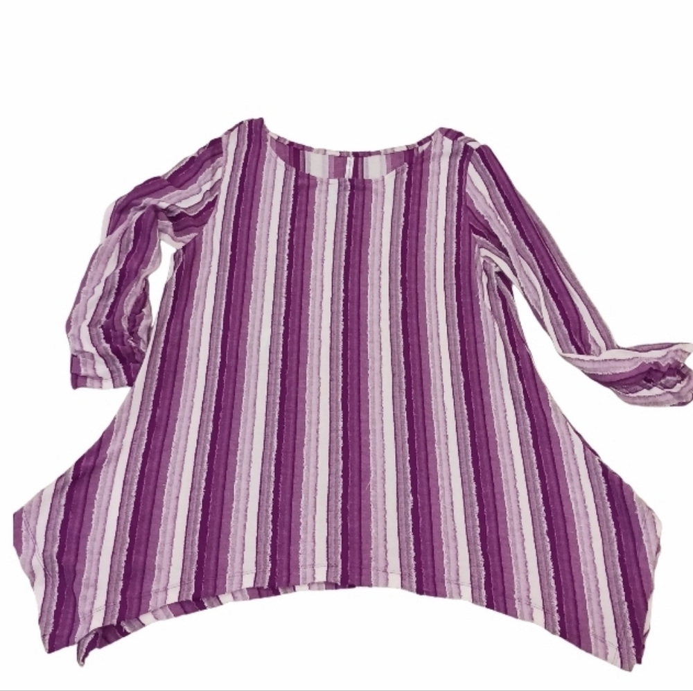 Passports Women's tunic top Sz L Soft polyester/rayon mix Purple Asimetrical hem